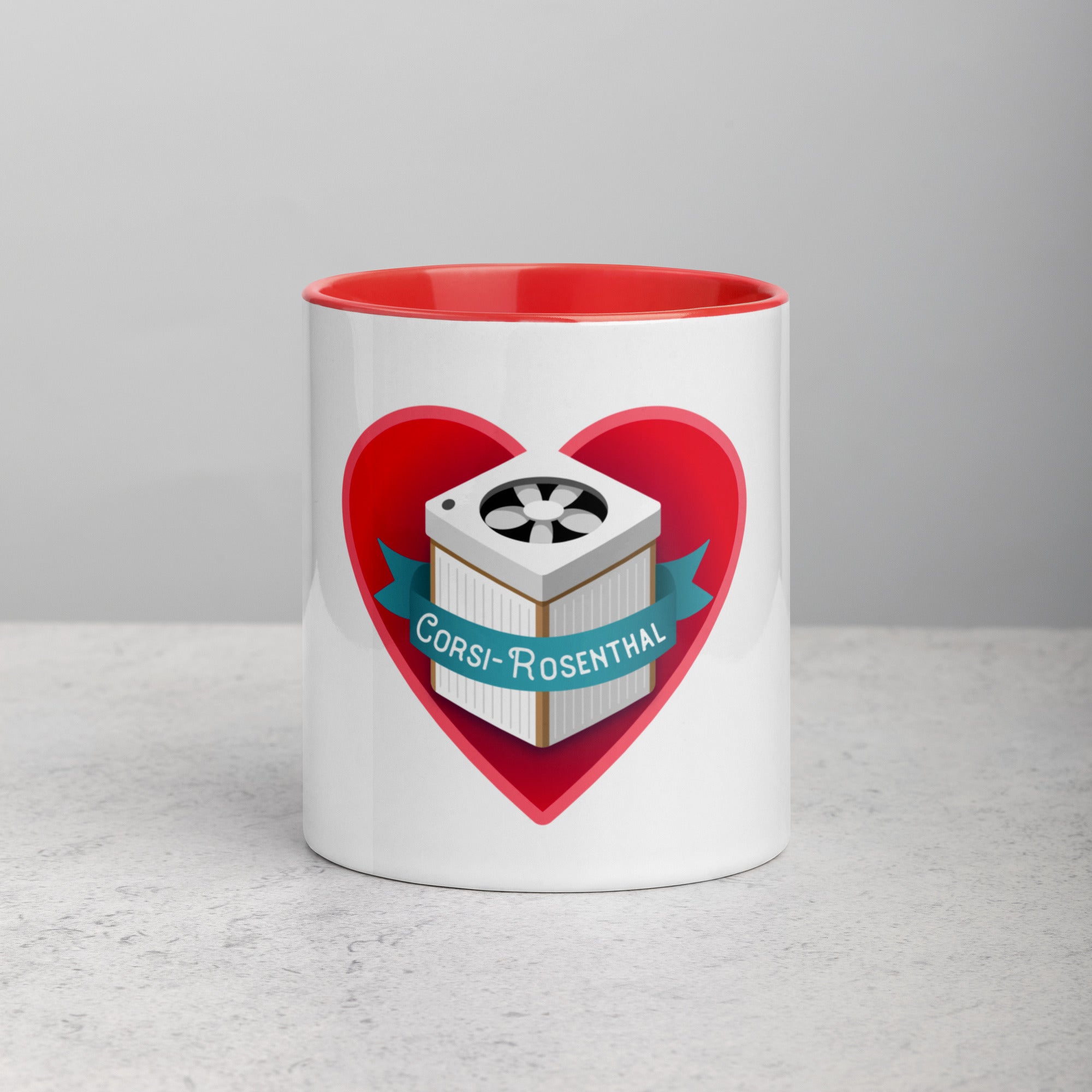 front facing white mug with red interior and handle. Mug has red love heart image with an image of a Corsi Rosenthal box with text in a blue ribbon
